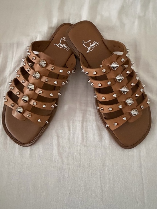 Christian Louboutin Shoes - Christian Louboutin Charja Brown Leather Stud-Embellished Slide Sandals